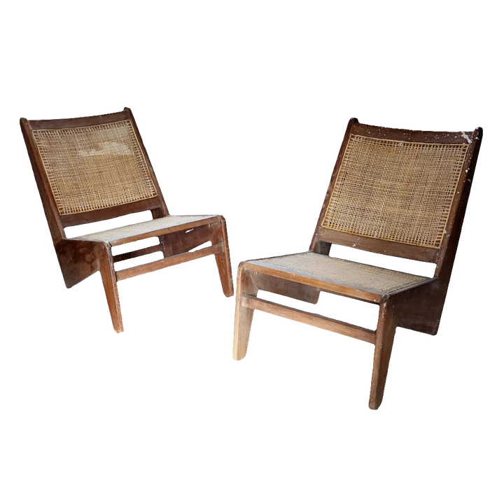 Pair of vintage Kangaroo Chandigarh Chairs with teak frames and woven cane seats by Collection EE30.