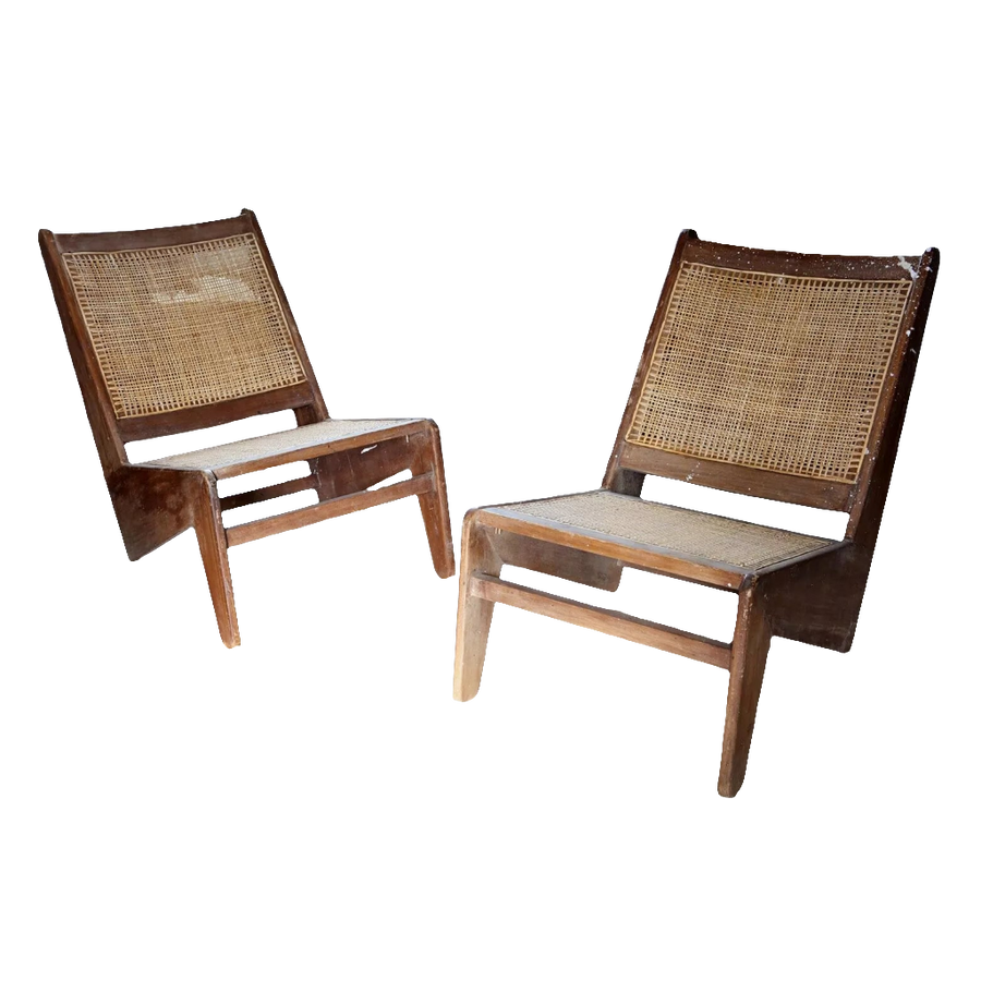Pair of vintage Kangaroo Chandigarh Chairs with teak frames and woven cane seats by Collection EE30.