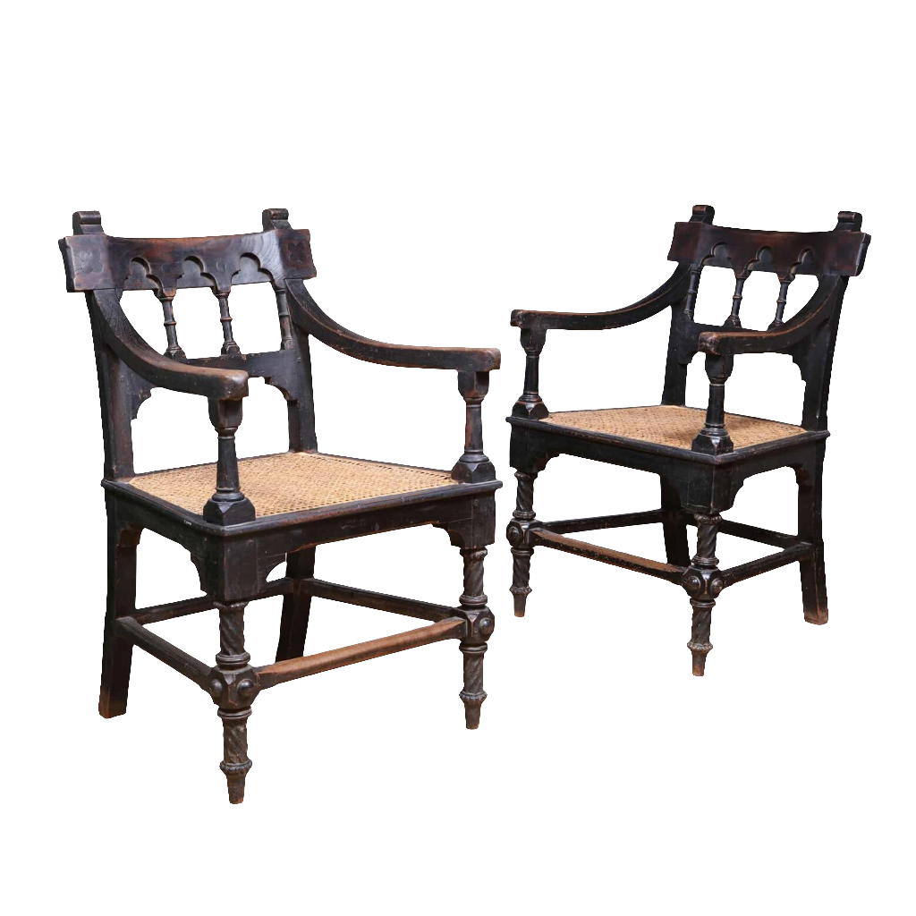 Pair of Indian Bombay Gothic armchairs with cane seats and intricate woodwork by Collection EE30
