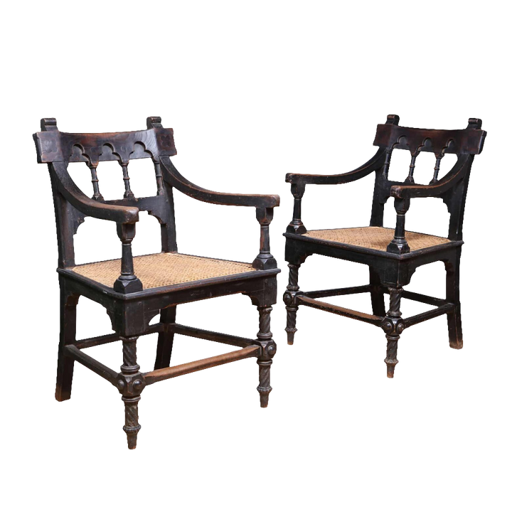 Pair of Indian Bombay Gothic armchairs with cane seats and intricate woodwork by Collection EE30