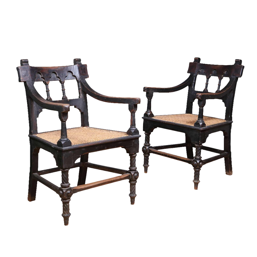 Pair of Indian Bombay Gothic armchairs with cane seats and intricate woodwork by Collection EE30