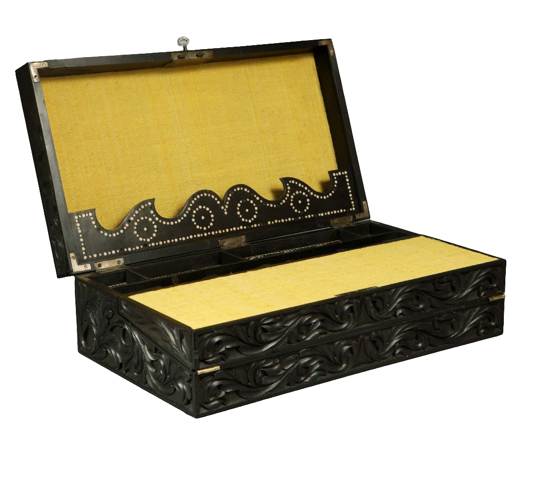 Mid-19th century Anglo Ceylonese ebony writing slope with carved foliate detail by Nicholas Wells Antiques