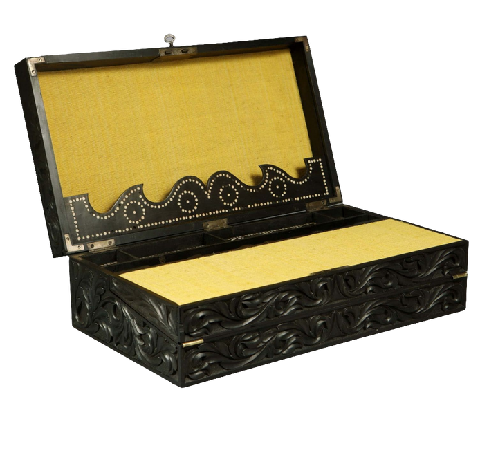 Mid-19th century Anglo Ceylonese ebony writing slope with carved foliate detail by Nicholas Wells Antiques