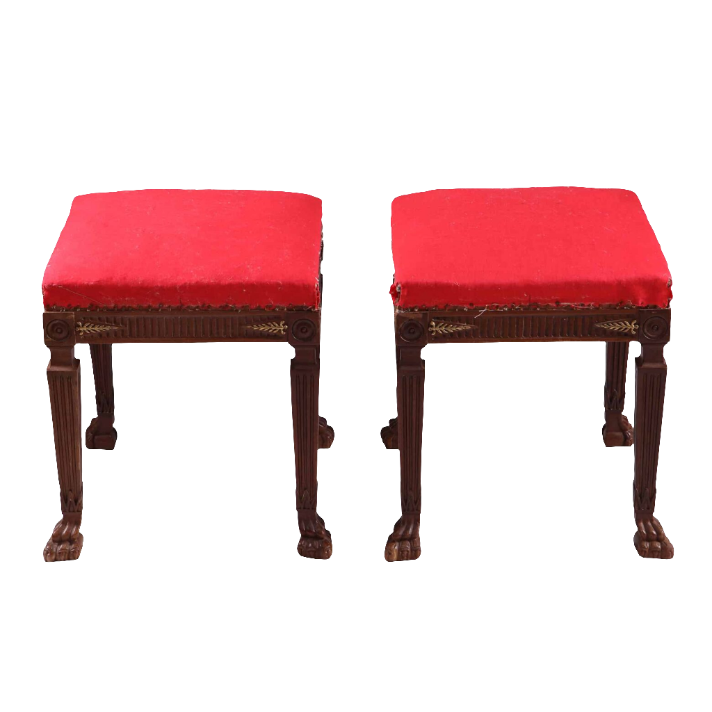 Pair of Empire style stools with red upholstery and gilt bronze details by Collection CK20