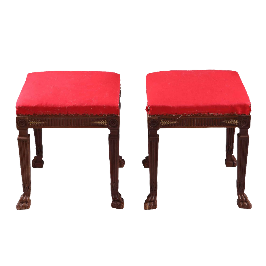 Pair of Empire style stools with red upholstery and gilt bronze details by Collection CK20