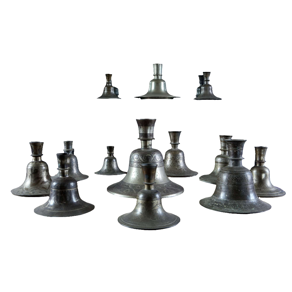 Collection EE20 of 13 engraved Indian metal hookah bases in various sizes from 19th and 20th centuries