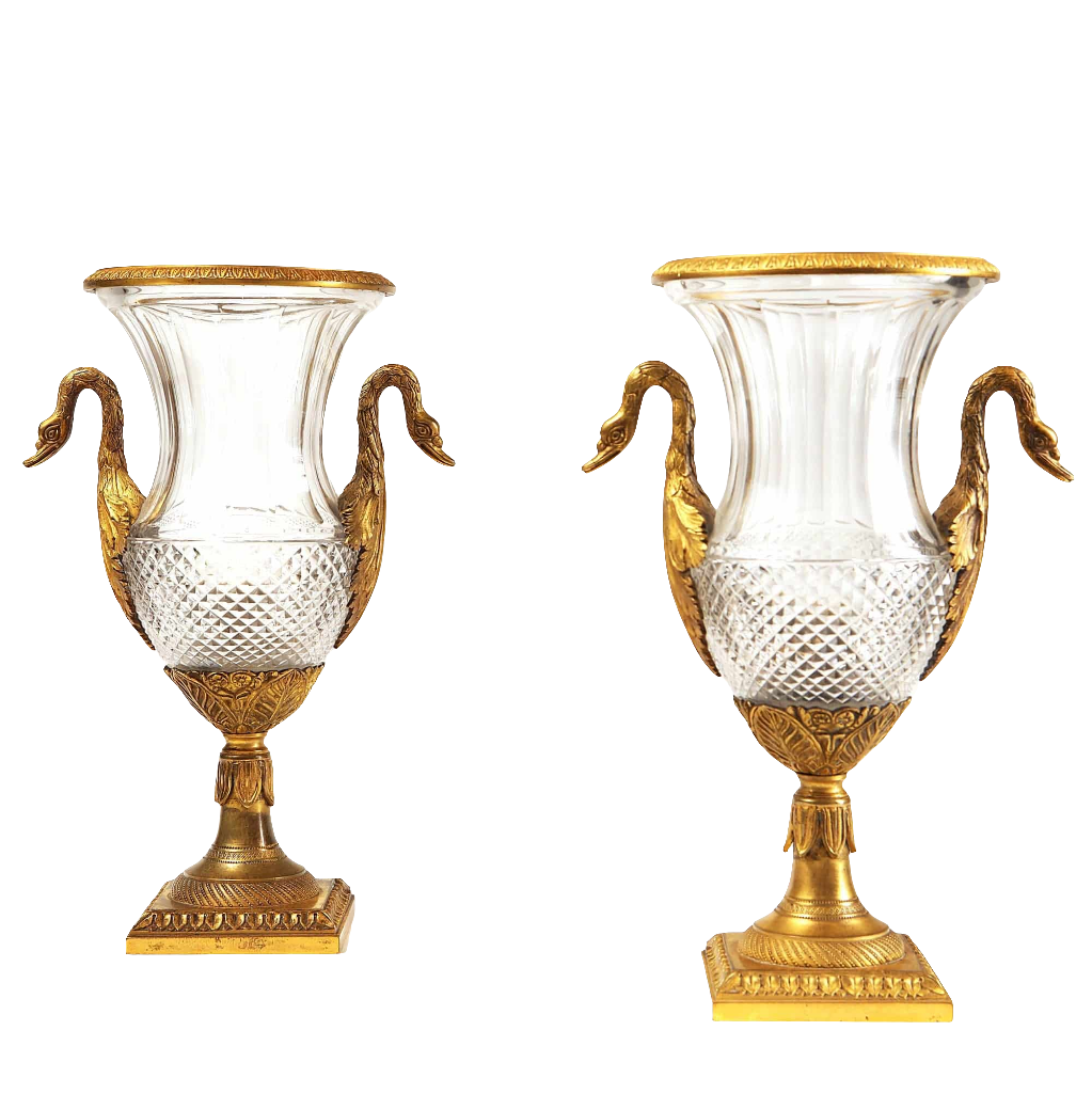 Pair of Charles X cut glass and gilt bronze vases with swan neck handles from Collection CK20 circa 1825 France