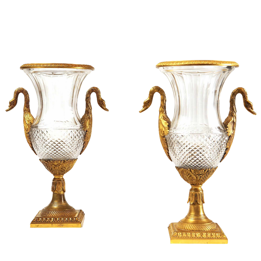 Pair of Charles X cut glass and gilt bronze vases with swan neck handles from Collection CK20 circa 1825 France