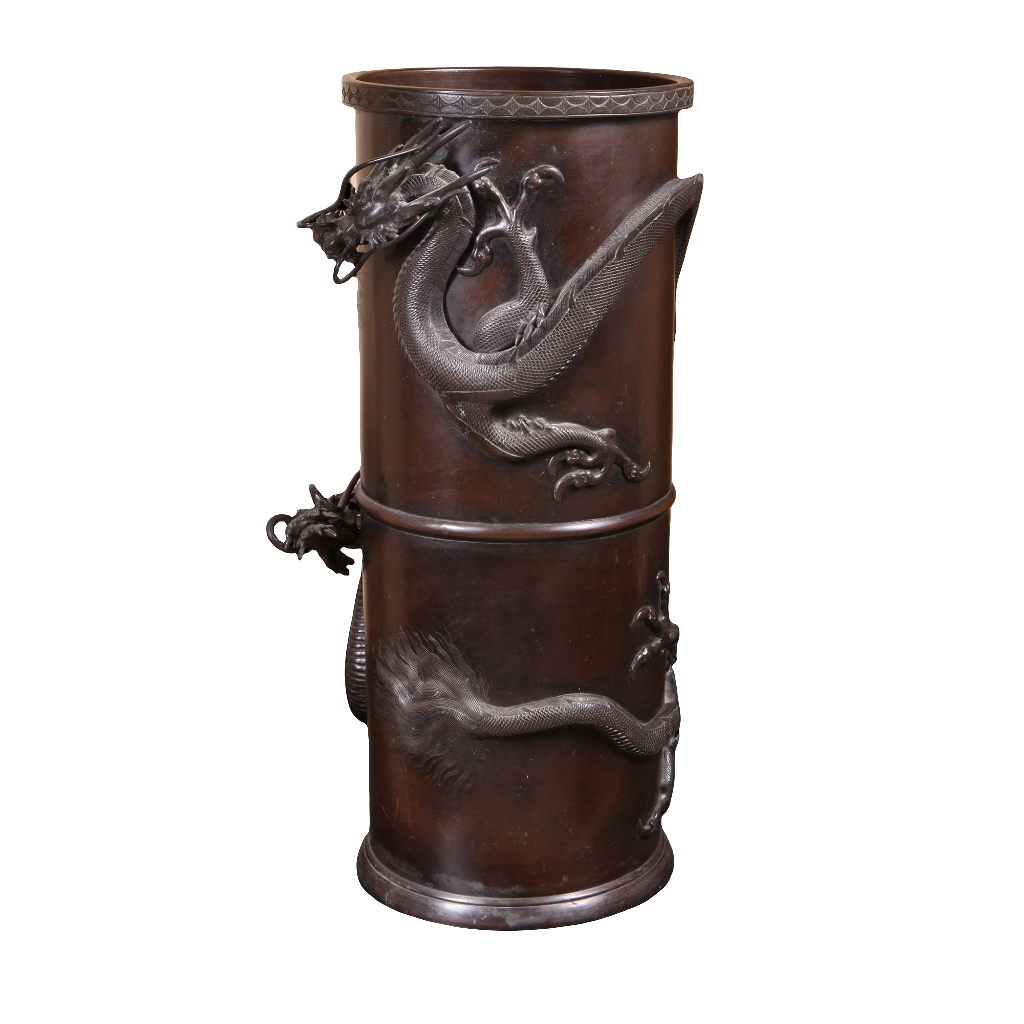 Japanese Meiji bronze stick stand with intricate dragons, cylindrical form from circa 1900 by Collection TH30