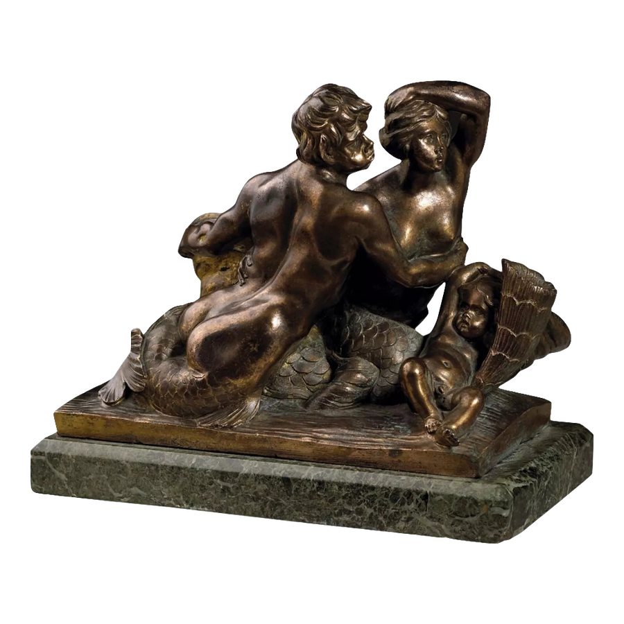 Triton and Nereid bronze sculpture on Verde d’Alep marble base, circa 1850, intricate 17th-century design.