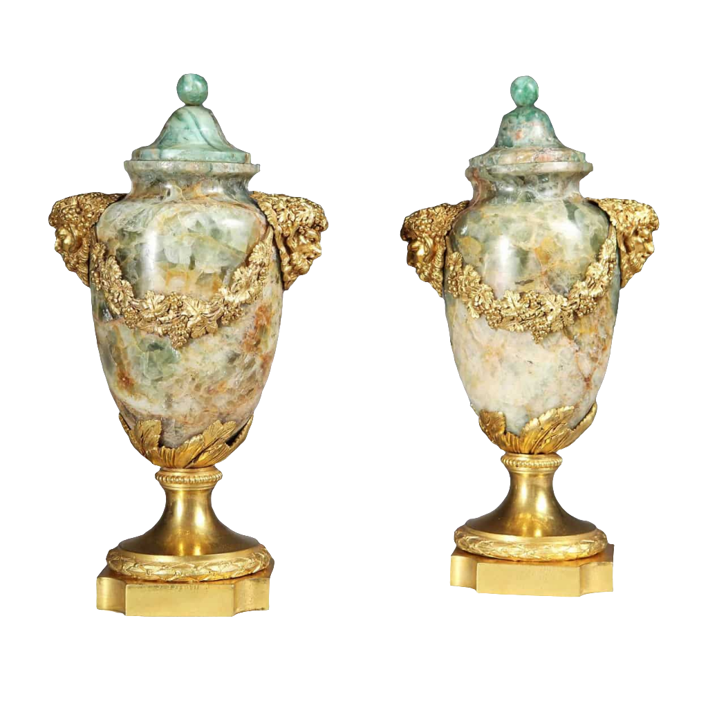 Pair of rare Louis XVI Weardale Fluorspar and ormolu urns with Satyr mask mounts by Nwtiques