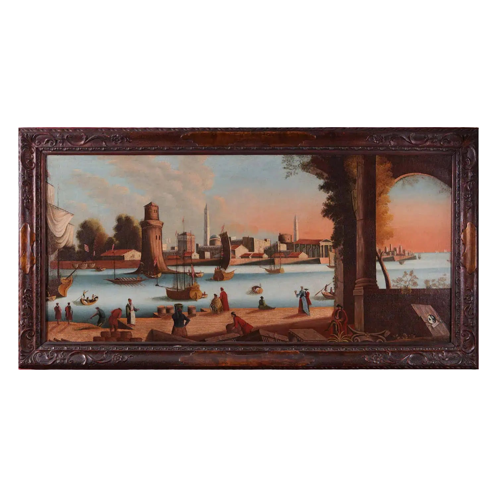 Large Decorative Mediterranean harbor scene with boats and figures, classic 19th-century Italian art by Collection PK10