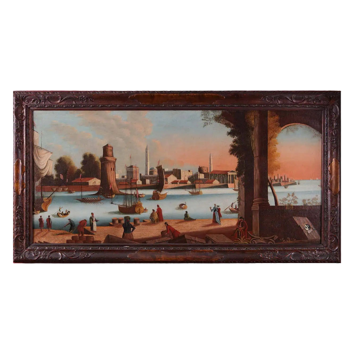 Large Decorative Mediterranean harbor scene with boats and figures, classic 19th-century Italian art by Collection PK10