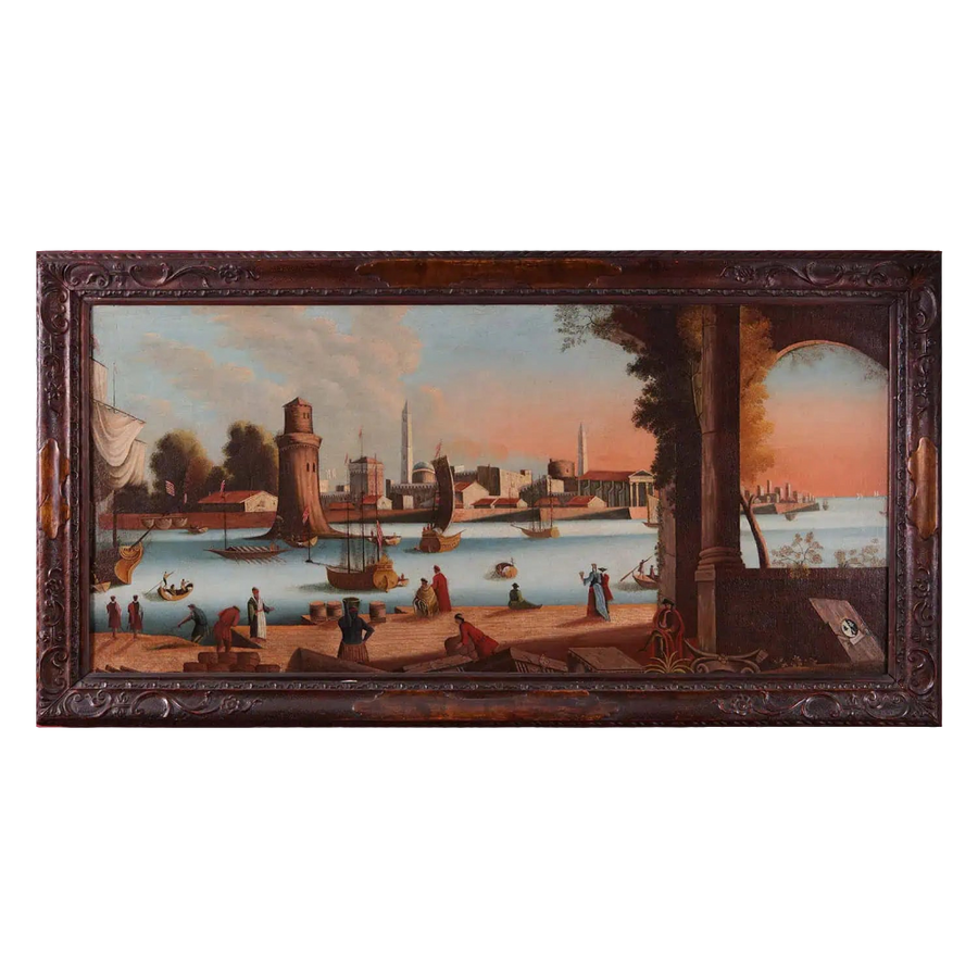 Large Decorative Mediterranean harbor scene with boats and figures, classic 19th-century Italian art by Collection PK10