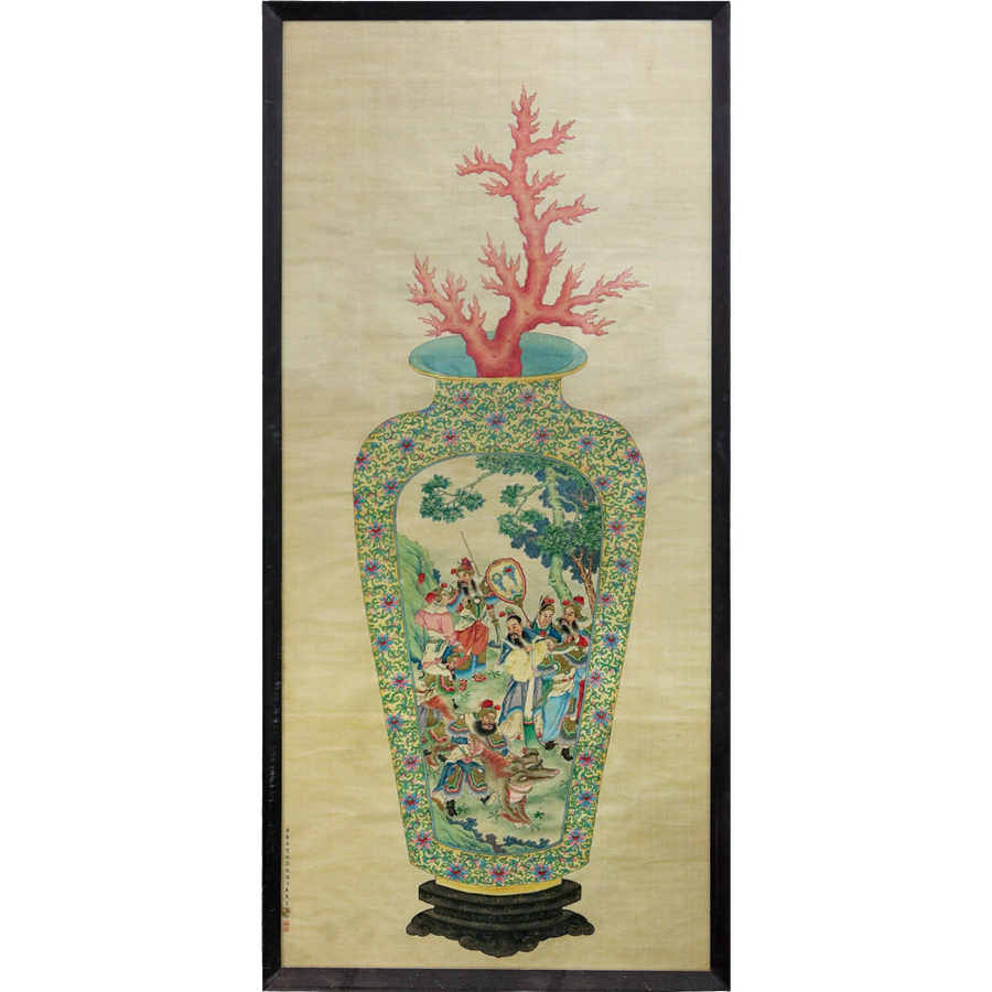 Chinese Republic Period silk painting of Canton Enamel vase with red coral by Collection TH20, circa 1900.