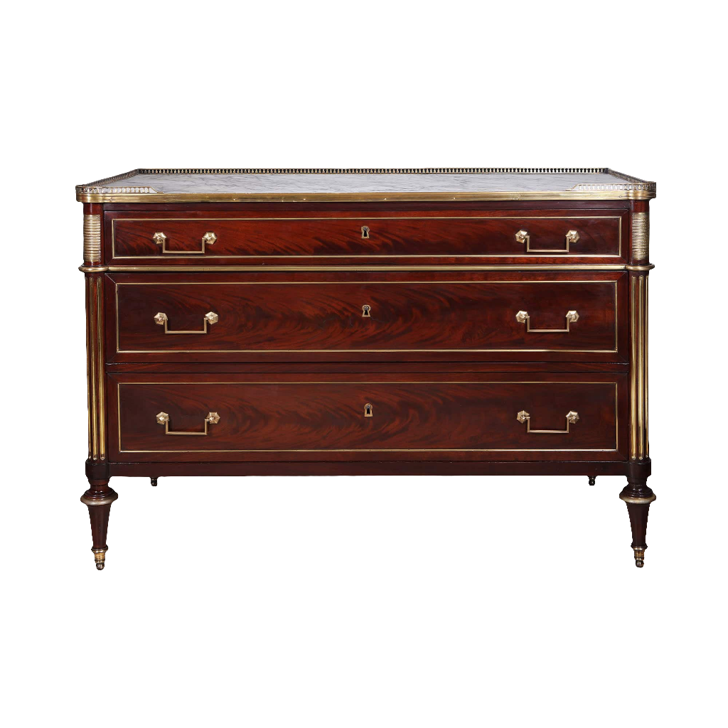 Imposing French Directoire commode with brass details and Carrara marble top by Collection EE40