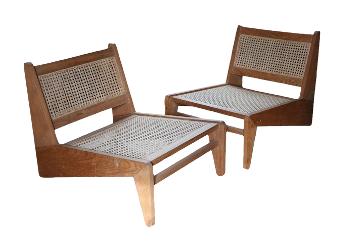 Pair of teak and cane Kangaroo Chandigarh Chairs after Pierre Jeanneret from Collection EE40 in excellent vintage condition