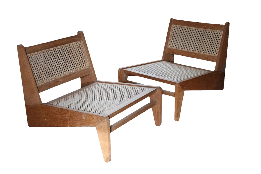 Pair of teak and cane Kangaroo Chandigarh Chairs after Pierre Jeanneret from Collection EE40 in excellent vintage condition