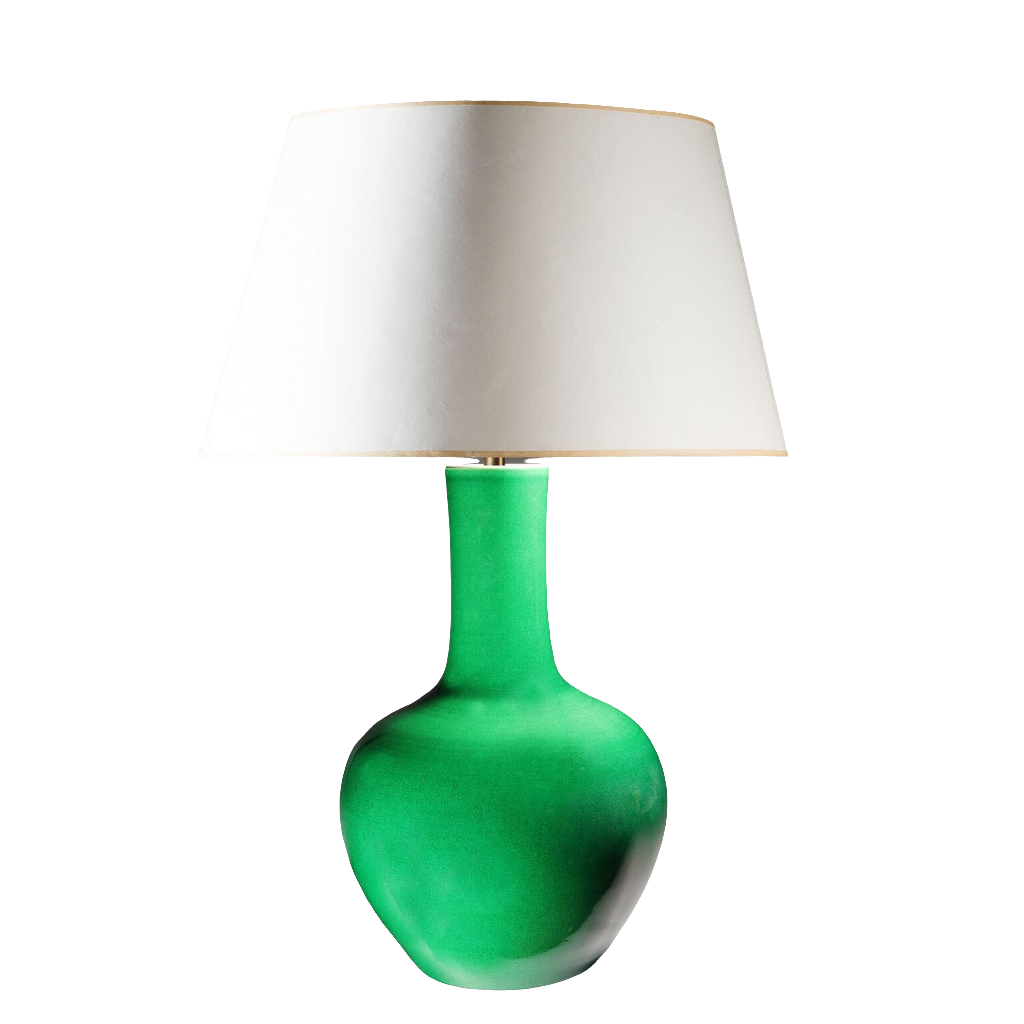 Monochrome Green Crackle Glaze Table Lamp with green porcelain base and white lampshade, 20th century design, circa 1950.