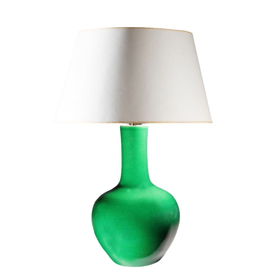 Monochrome Green Crackle Glaze Table Lamp with green porcelain base and white lampshade, 20th century design, circa 1950.