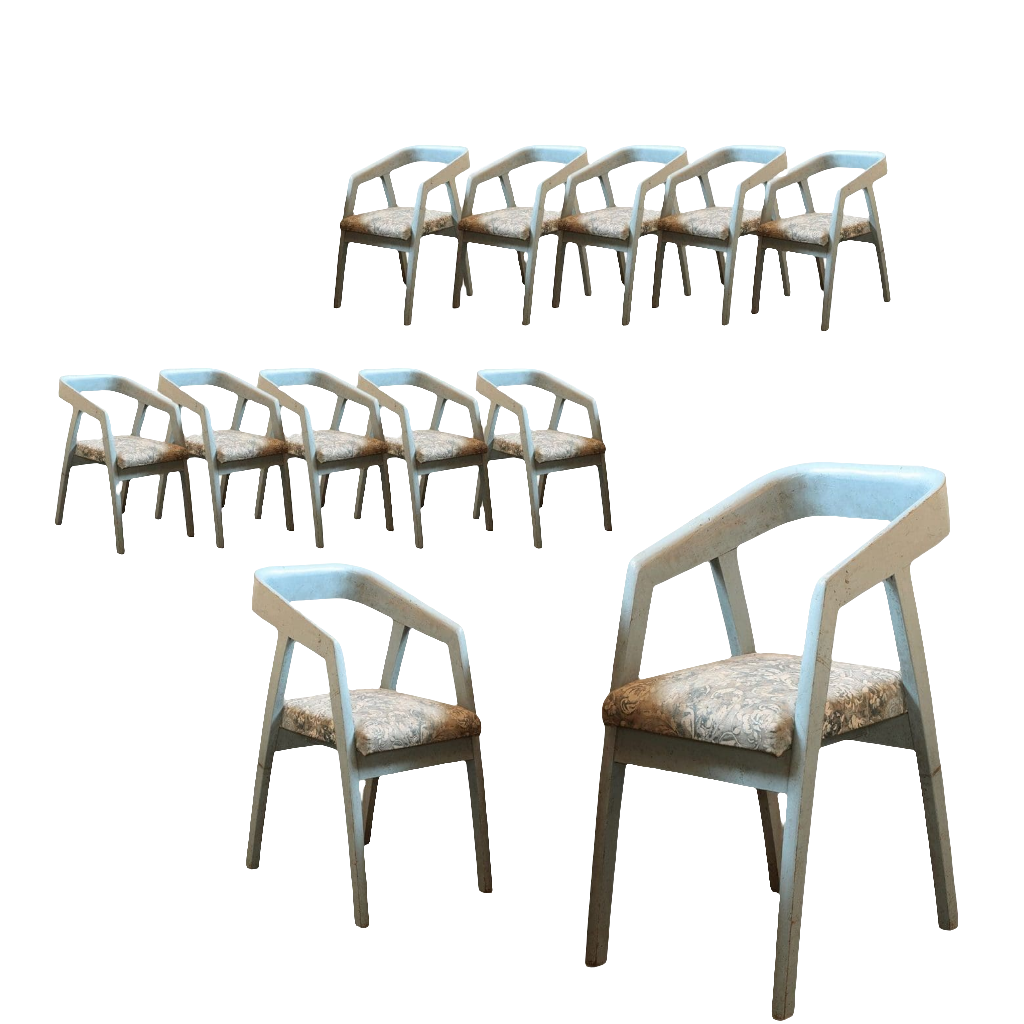 Set of twelve Bombay Art Deco armchairs with hand-painted wood and patterned cushions by Collection EE30