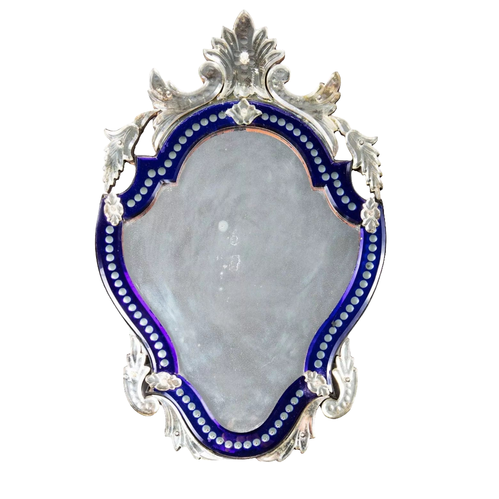 Early 20th Century Venetian blue border glass mirror with a shaped bevelled plate and foliate details.