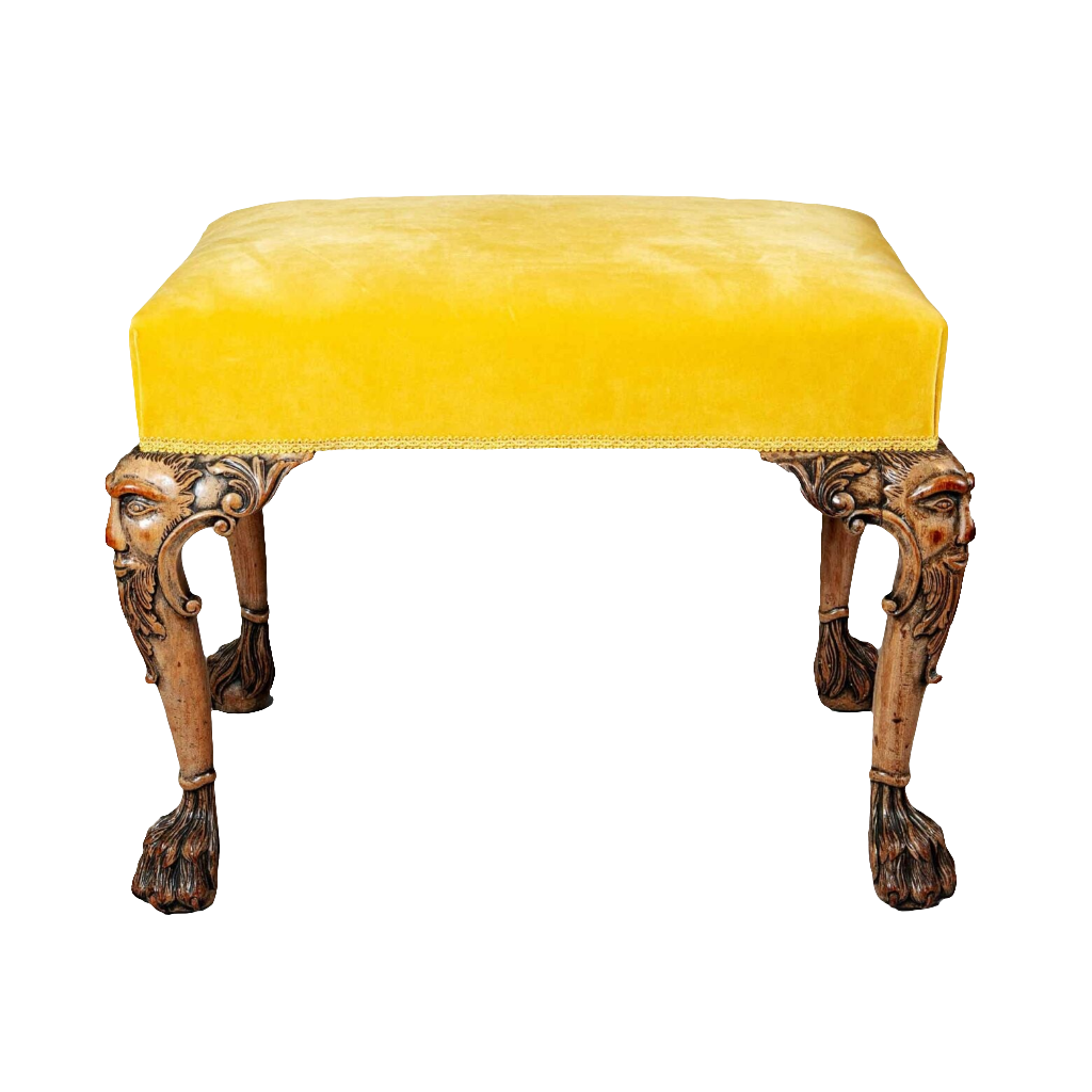 19th century George II style stool in faded walnut with yellow velvet seat by Collection CK20