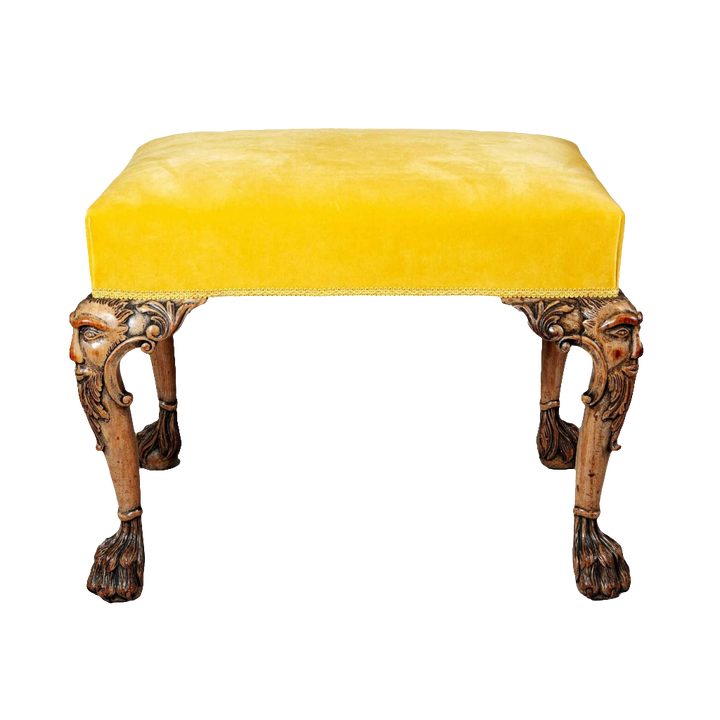 19th century George II style stool in faded walnut with yellow velvet seat by Collection CK20