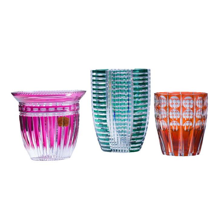 Val St Lambert pink over clear cut Art Deco vase by Nwtiques with intricate geometric fluted design