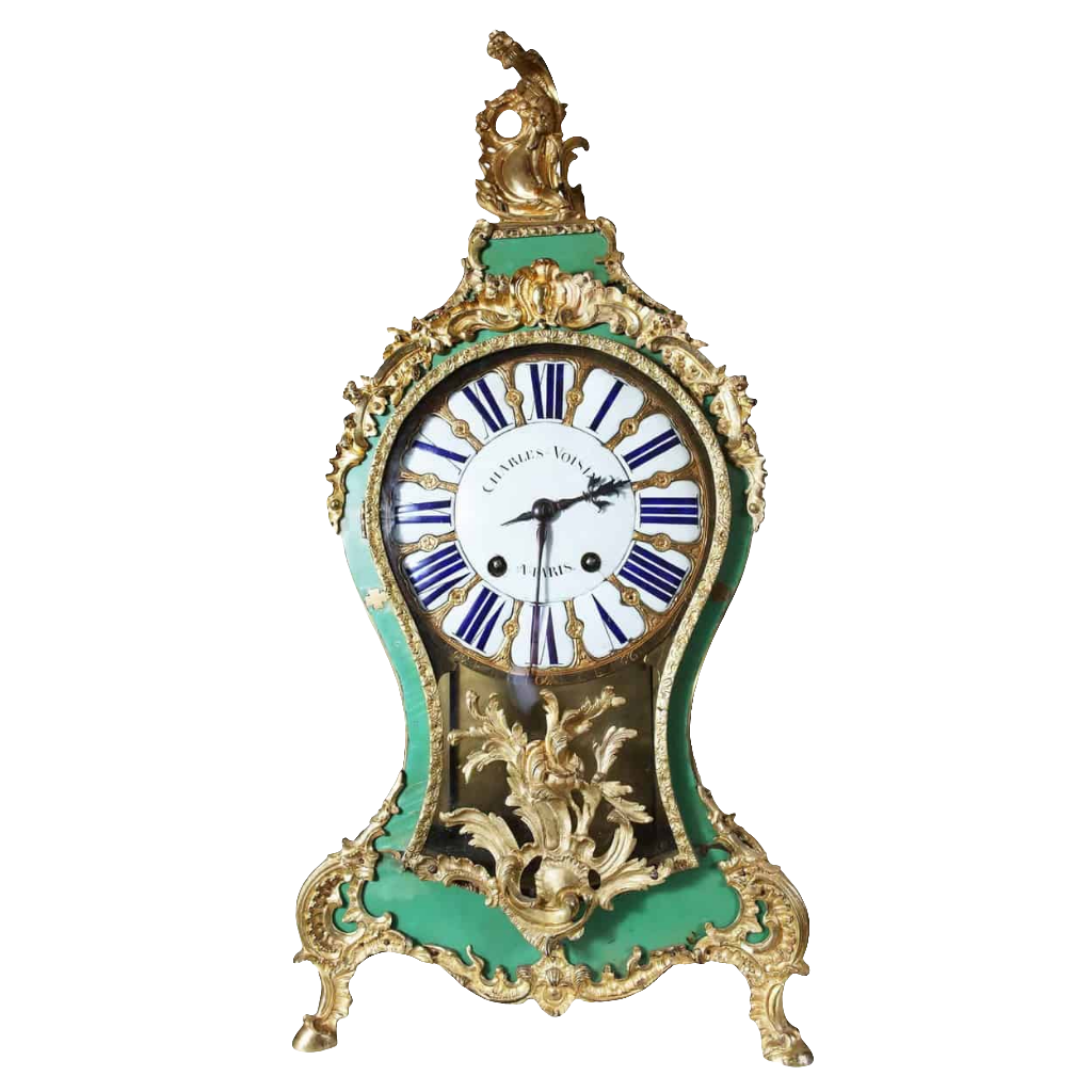 18th century Louis XV bracket cartel clock by Charles Voisin with green horn veneer and gilt bronze mounts from Nwtiques