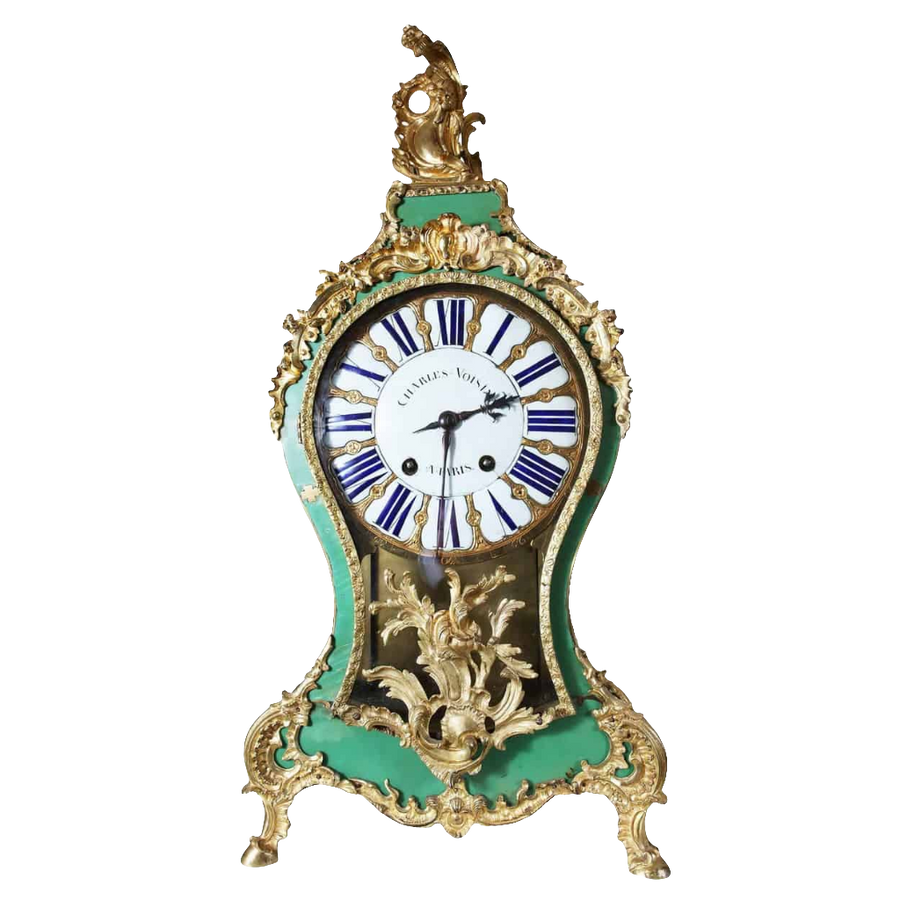 18th century Louis XV bracket cartel clock by Charles Voisin with green horn veneer and gilt bronze mounts from Nicholas Wells Antiques