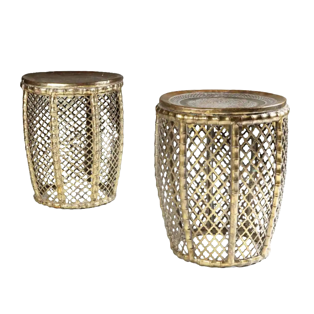 Pair of pierced faux bamboo brass stools from Collection EE30 with intricate latticework design circa 1970 India