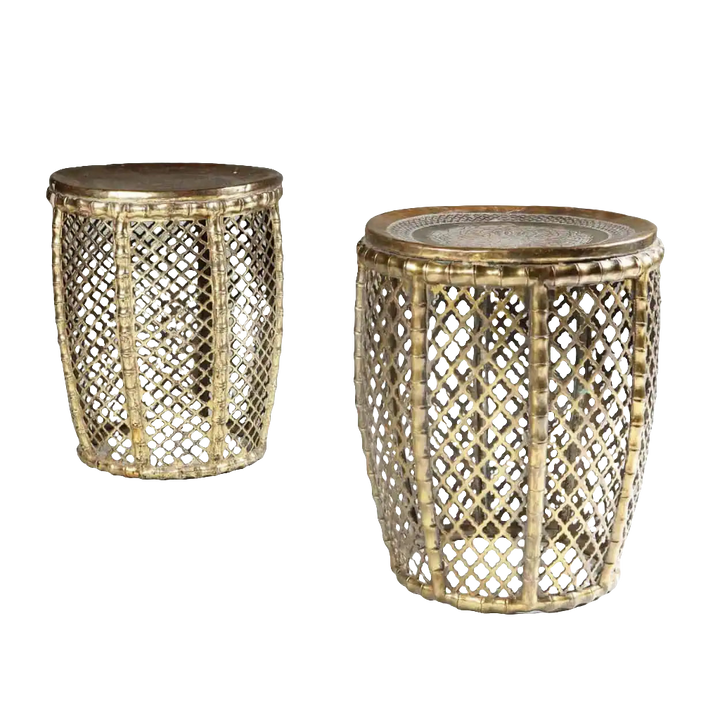 Pair of pierced faux bamboo brass stools from Collection EE30 with intricate latticework design circa 1970 India