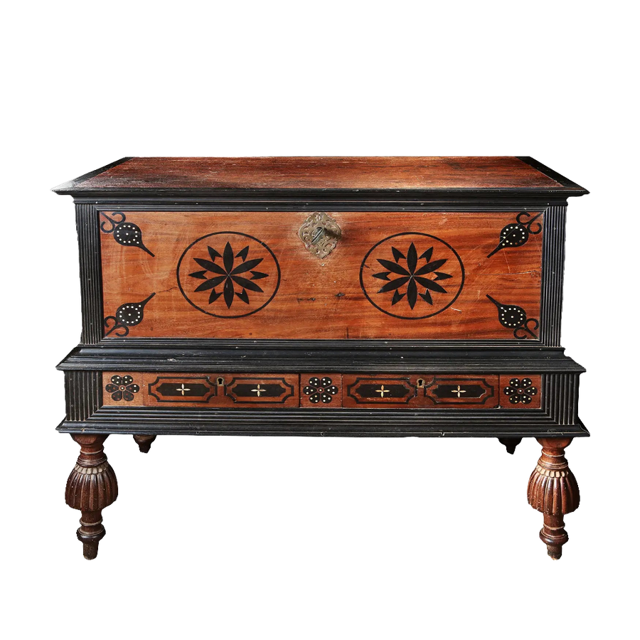 Rare late 17th century inlaid satinwood and ebony coffer on stand by Collection EE40 with intricate floral designs