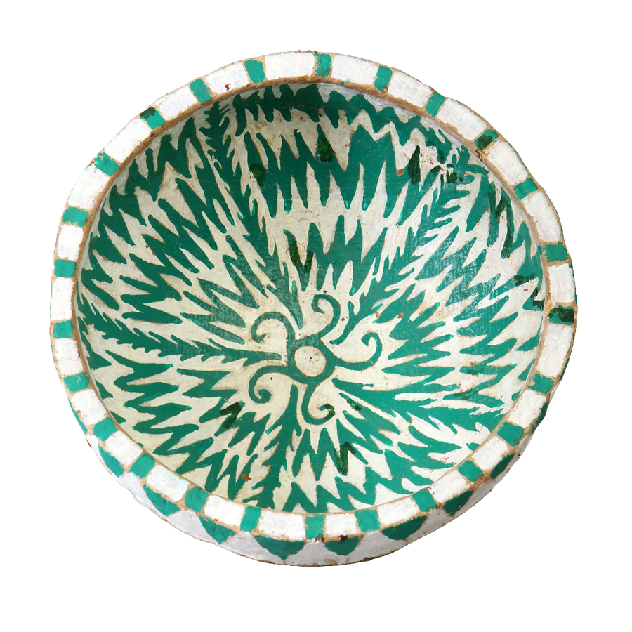 Papier mache green and white painted bowl by Collection EE20, Moroccan design circa 1970, 19 cm high, 42 cm diameter