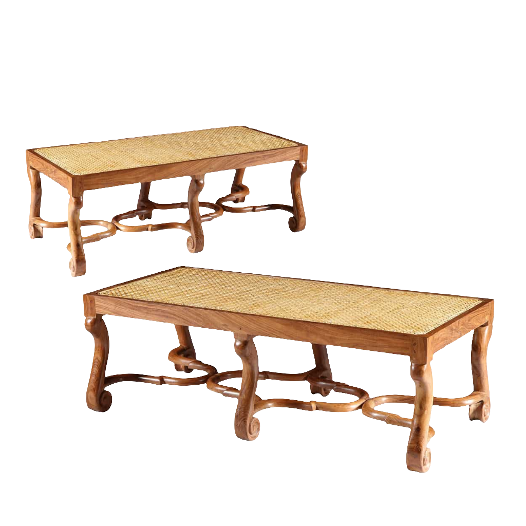 Pair of traditional Walnut long caned benches with shaped legs and Jacobean stretchers by Collection EE30