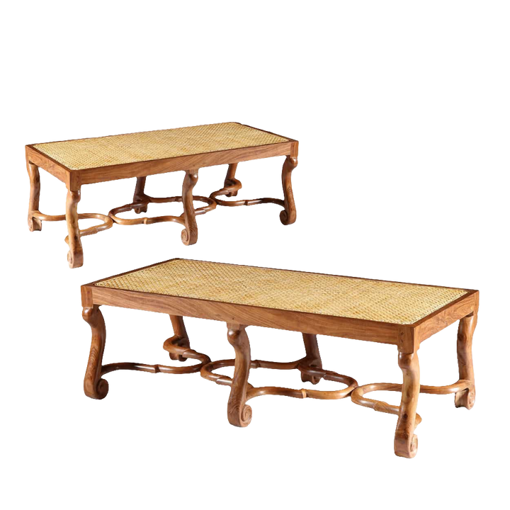 Pair of traditional Walnut long caned benches with shaped legs and Jacobean stretchers by Collection EE30