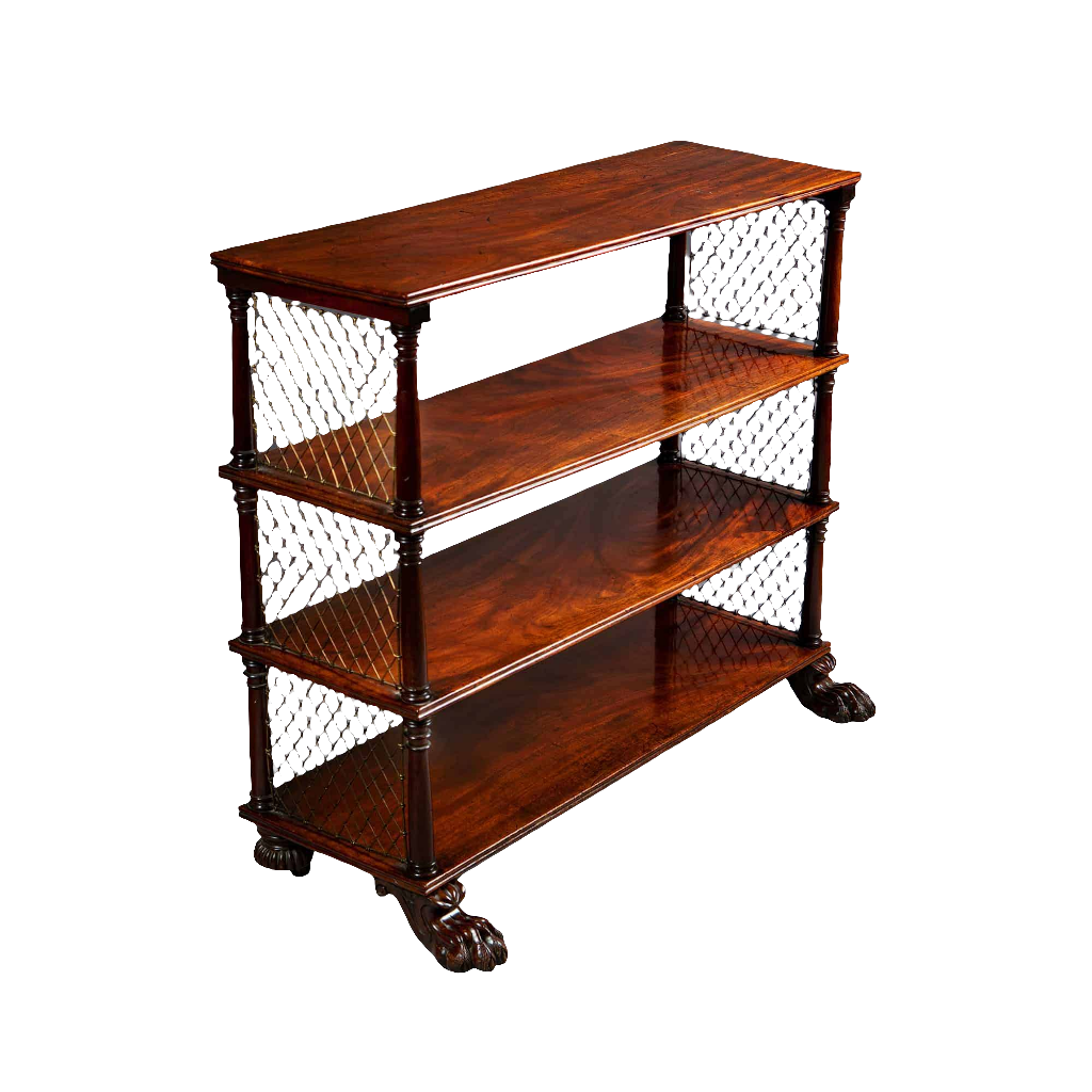 Regency flame mahogany shelf set with brass wire panels and castors by Collection CK20 in classic English style.
