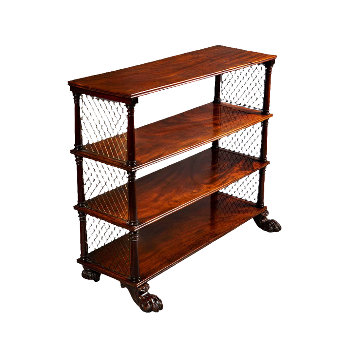 Regency flame mahogany shelf set with brass wire panels and castors by Collection CK20 in classic English style.