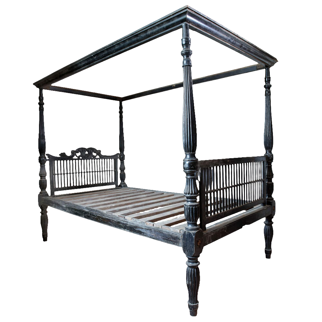 Mid-19th century Ceylonese solid ebony four-poster bed by Collection EE20 with intricate Anglo-Indian design.
