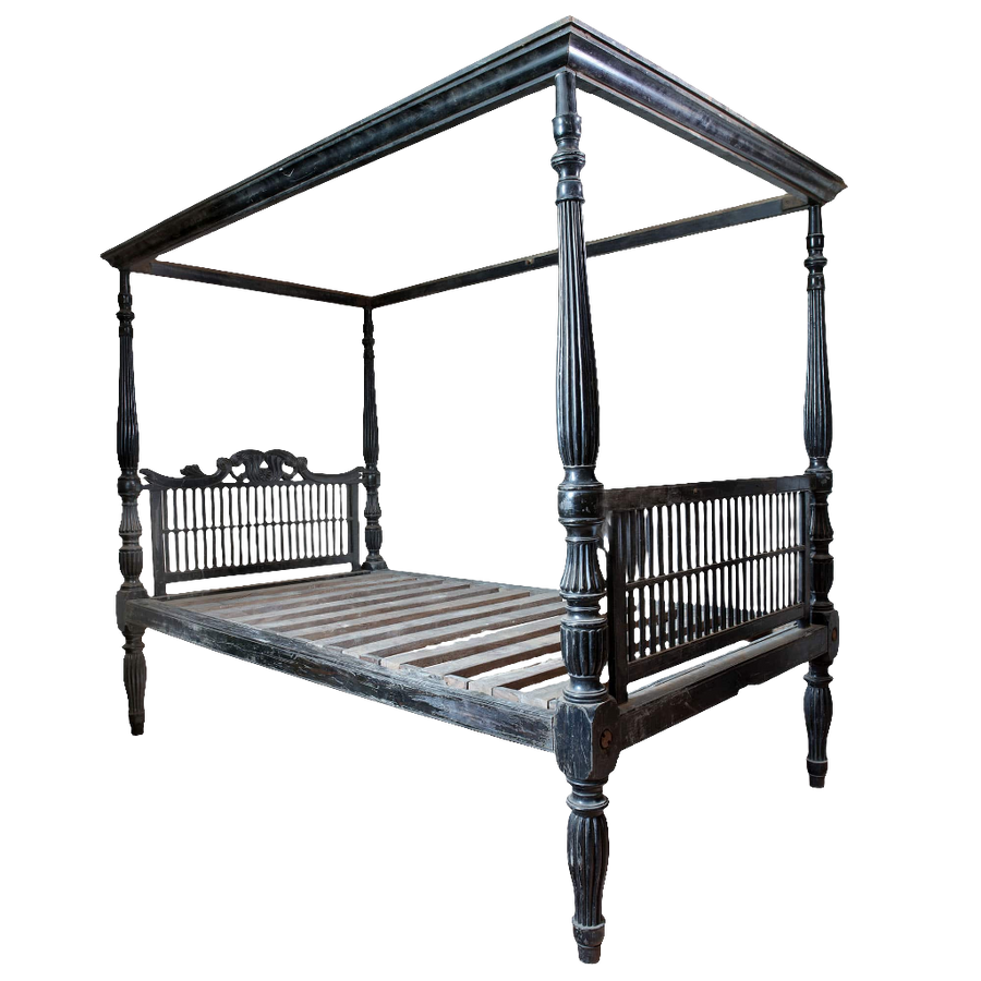 Mid-19th century Ceylonese solid ebony four-poster bed by Collection EE20 with intricate Anglo-Indian design.
