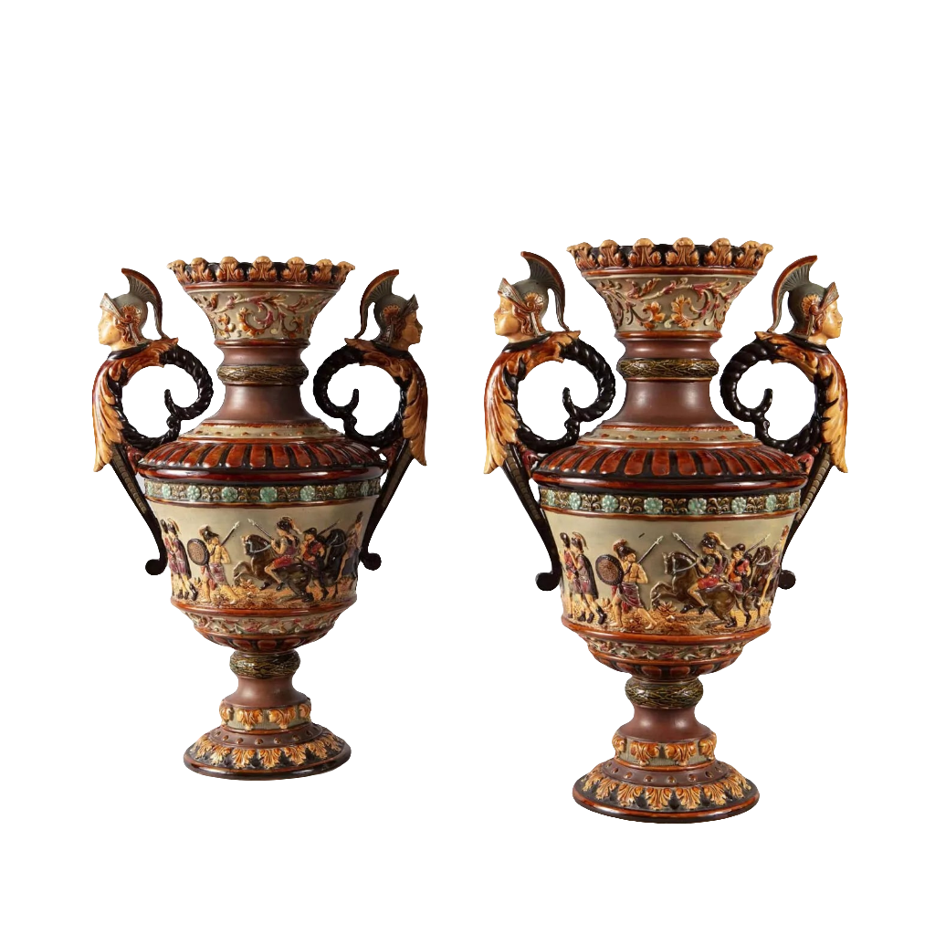 A pair of Romantic Bohemian Neo-classical vases with mythological scenes by Collection TH20.