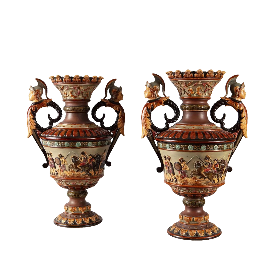 A pair of Romantic Bohemian Neo-classical vases with mythological scenes by Collection TH20.