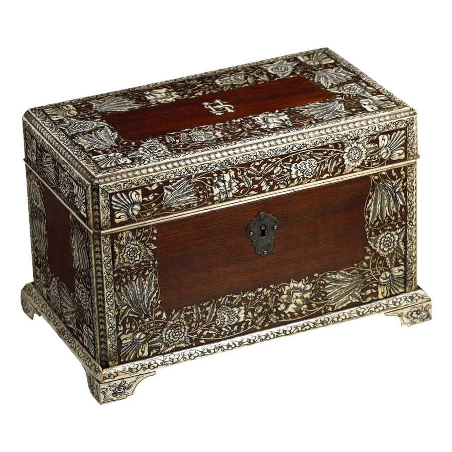 Anglo-Indian tea caddy with intricate floral inlay and engraving on padouk wood by Nicholas Wells Antiques
