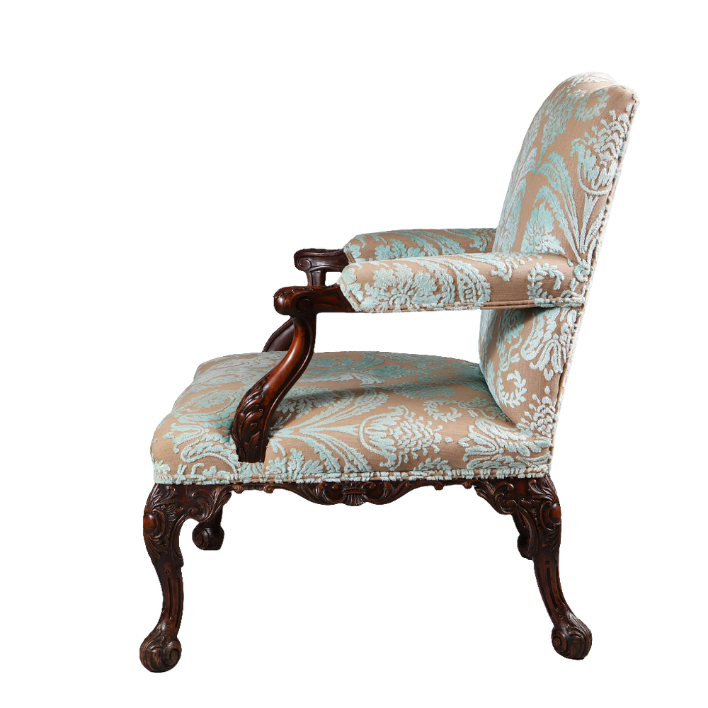 Gainsborough chair by Paul Saunders with carved wood frame and patterned upholstery from Collection CK20, circa 1900 England.