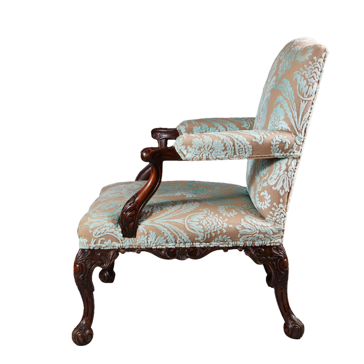 Gainsborough chair by Paul Saunders with carved wood frame and patterned upholstery from Collection CK20, circa 1900 England.