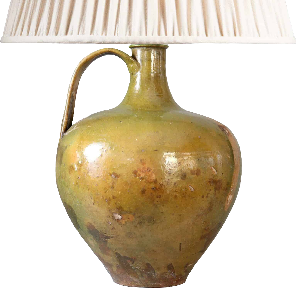 Large Green Glazed jar now mounted as a Table Lamp with a cream pleated lampshade, Portugal circa 1800.
