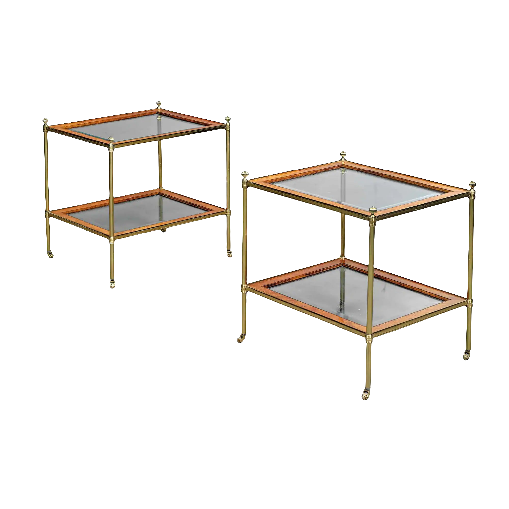 Pair of Mallett End Tables with two-tier glass tops, mahogany borders, and polished brass legs and sides.