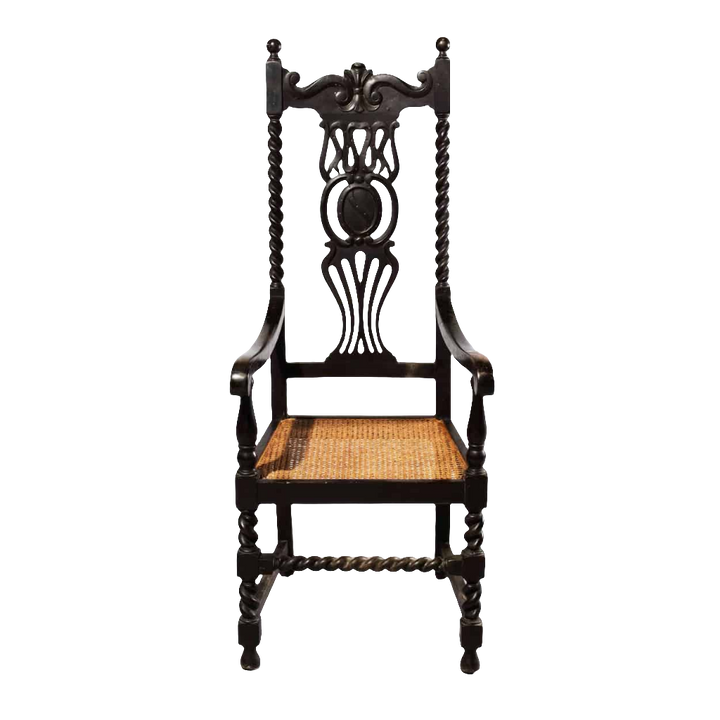 Ebonised Anglo Indian High Back Armchair with cane seat and intricate carving by Collection EE30