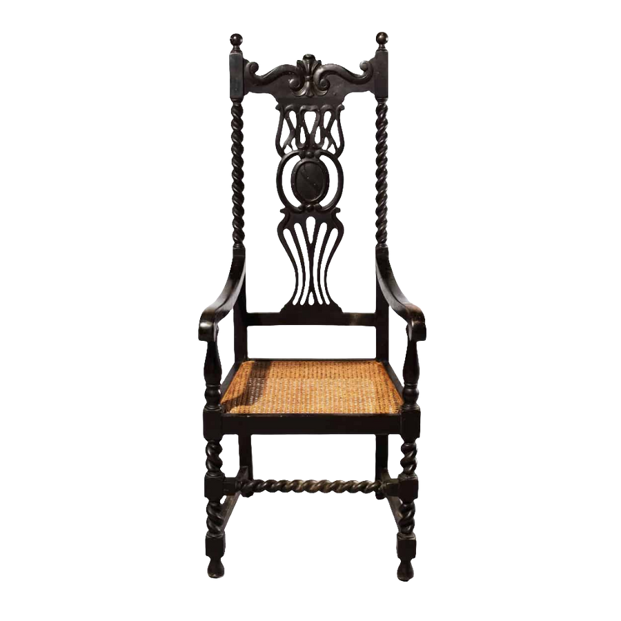 Ebonised Anglo Indian High Back Armchair with cane seat and intricate carving by Collection EE30